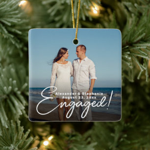 Engaged Elegant Script Overlay Engagement Photo Ceramic Ornament