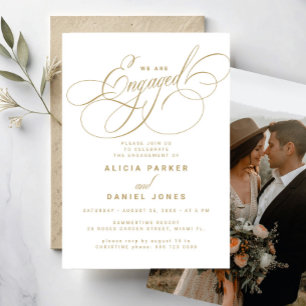 Engaged elegant white gold photo engagement party invitation