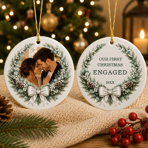 Engaged First Christmas Photo Wreath Bow Ceramic Tree Decoration