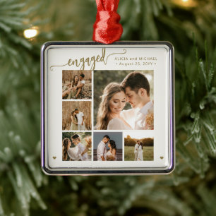Engaged gold script 6 photo engagement keepsake metal tree decoration
