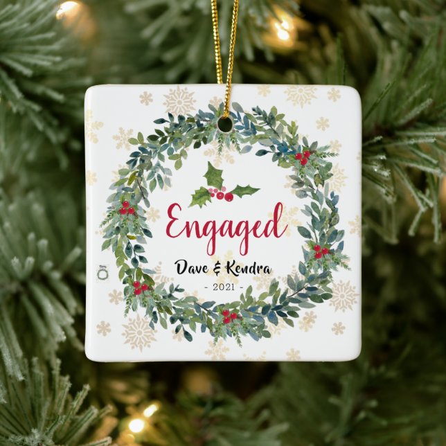 Engaged Golden Snowflakes Christmas Photo Ornament (Tree)