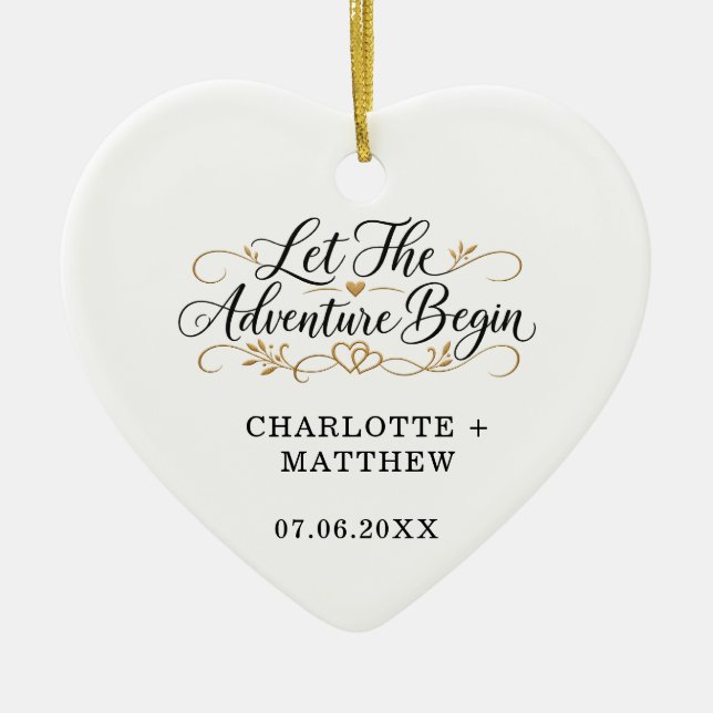 Engaged Married Let the Adventure Begin Heart Ceramic Tree Decoration (Front)