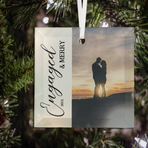 Engaged & Merry Couple Photo Glass Tree Decoration