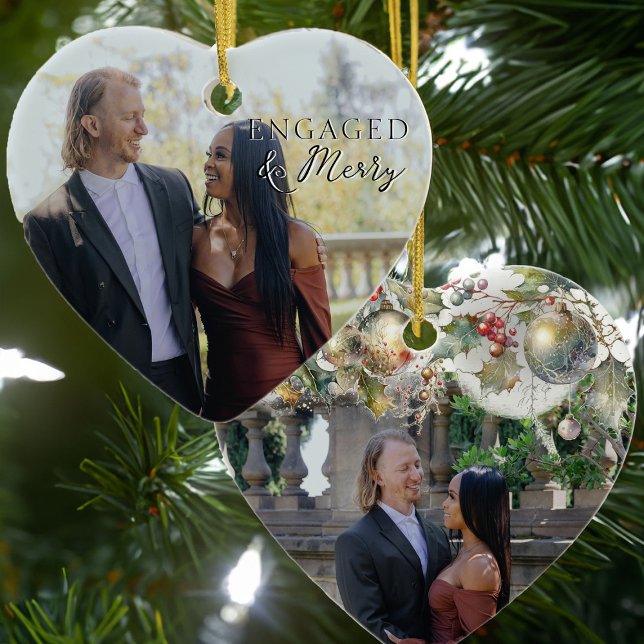 Engaged & Merry Double Sided Heart Couple Photo Ceramic Tree Decoration (Engaged & Merry Christmas Ornament with Engagement Photo by Darling & May)