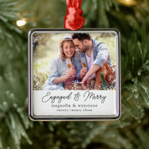 Engaged Merry Photo Snowflake Keepsake Metal Tree Decoration