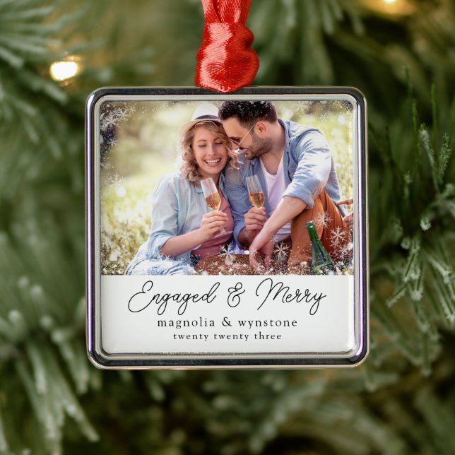 Engaged Merry Photo Snowflake Keepsake Metal Tree Decoration (Tree)