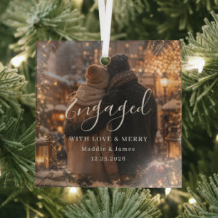 Engaged & Merry Winter Couple Photo Glass Ornament