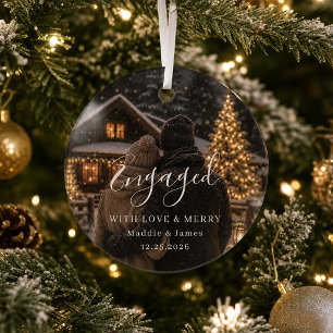 Engaged & Merry Winter Couple Photo Glass Ornament