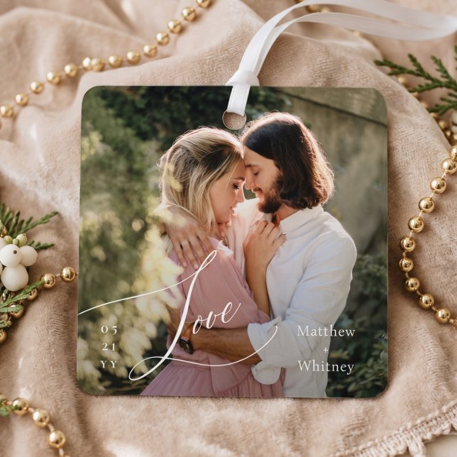 Engaged Minimal Love Script Engagement Photo Gift Metal Tree Decoration (Engaged Minimal Love Script Engagement Photo Gift Metal Ornament)