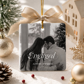 Engaged Modern Black And White Minimal Photo Ceramic Ornament