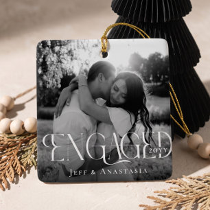 Engaged Modern Black & White Engagement Photos Ceramic Ornament