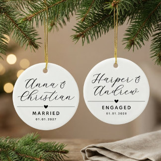 Engaged | Modern Calligraphy Couple Newlyweds Name Ceramic Tree Decoration