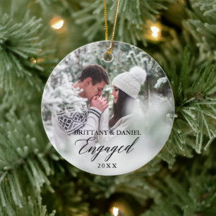 Engaged Modern Calligraphy Couple Photo Ceramic Tree Decoration