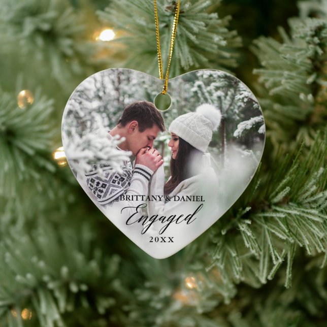 Engaged Modern Calligraphy Couple Photo Heart Ceramic Tree Decoration (Tree)