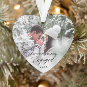 Engaged Modern Calligraphy Couple Photo Heart Ornament