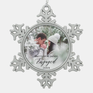 Engaged Modern Calligraphy Couple Photo Snowflake Pewter Christmas Ornament