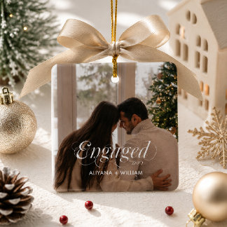 Engaged Modern Minimal Elegant Photo Engagement Ceramic Ornament