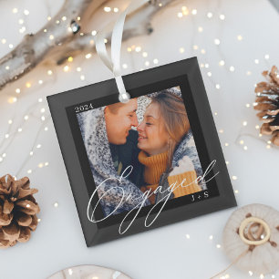 Engaged Modern Script Couples Photo & Monogram Glass Tree Decoration