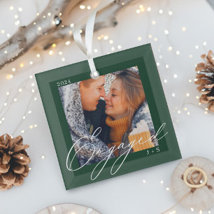 Engaged Modern Script Couples Photo & Monogram Glass Tree Decoration