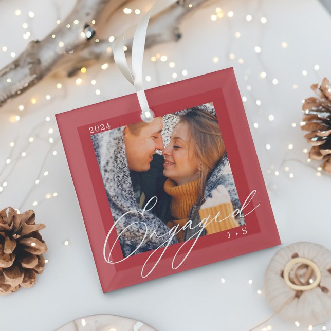 Engaged Modern Script Couples Photo & Monogram Glass Tree Decoration (Engaged Modern Script Couples Photo & Monogram Glass Ornament)