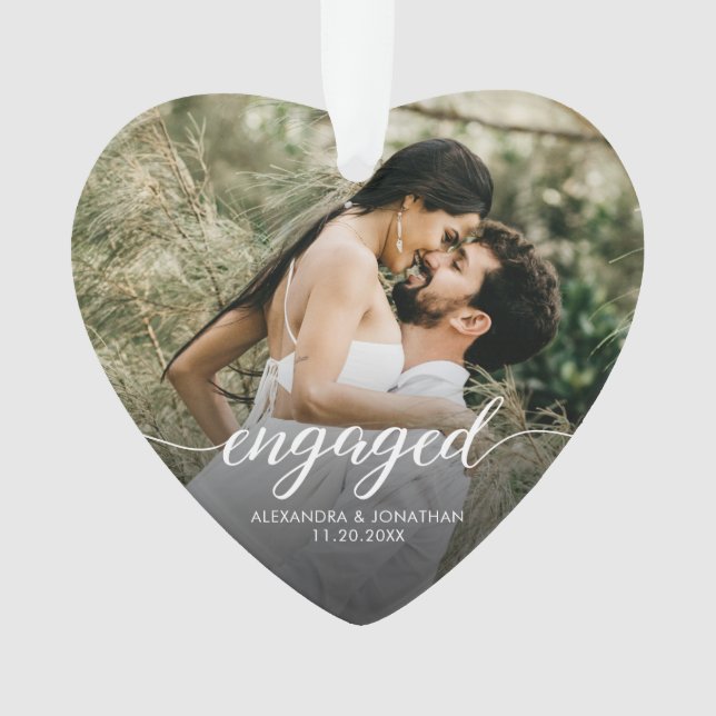Engaged Modern script Personalized photo keepsake Ornament (Front)