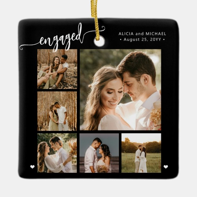 Engaged script 6 photo engagement keepsake black ceramic ornament (Front)