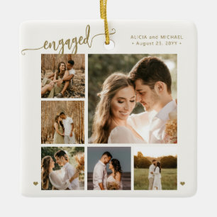 Engaged script 6 photo engagement keepsake ceramic ornament
