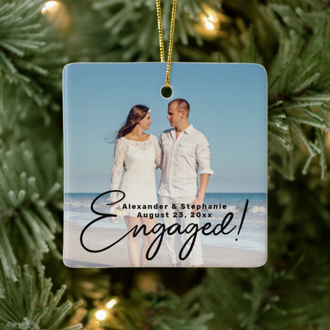 Engaged Script Engagement Photo Double Sided Ceramic Ornament (Tree)
