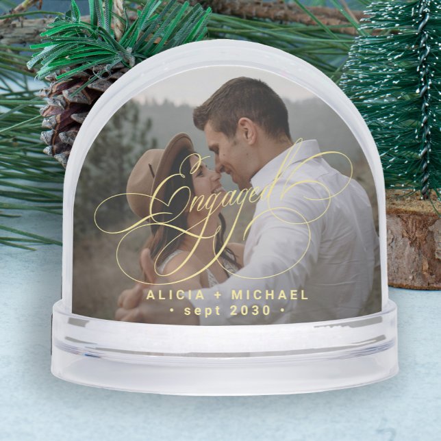Engaged simple elegant script 2 photos keepsake snowglobe (Creator Uploaded)
