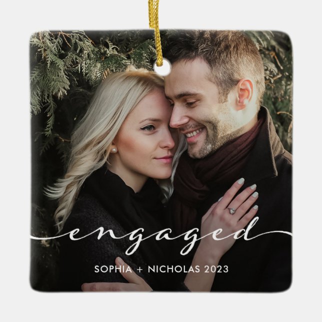 Engaged | Simple Script and Two Photos Ceramic Ornament (Front)