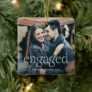 Engaged Stylish Elevated Text and Two Photos Ceramic Ornament