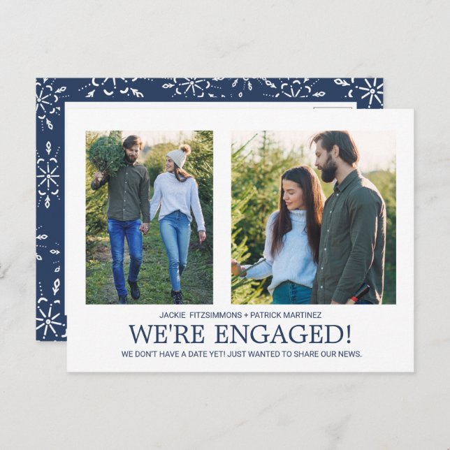 Engagement Announcement 2 Photo Snowflake Pattern Postcard (Front/Back)