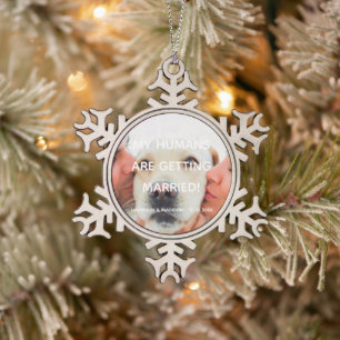 Engagement announcement custom photo dog couple snowflake pewter christmas ornament