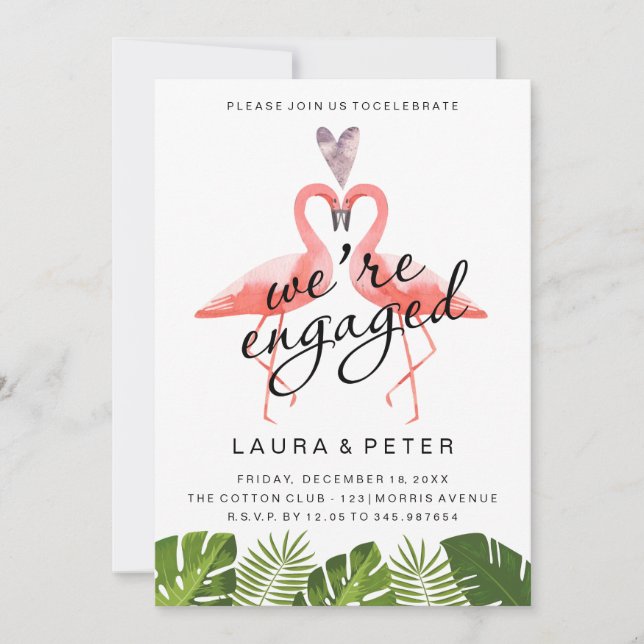 Engagement announcement | flamingos tropical leaf (Front)