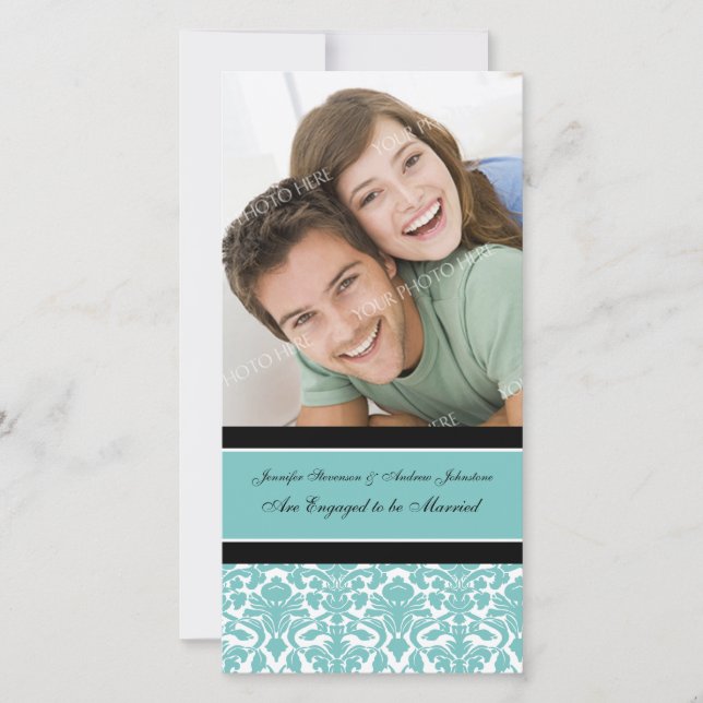 Engagement Announcement Photo Card Teal Damask (Front)