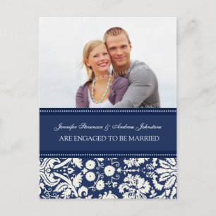 Engagement Announcement Photo Postcard Blue Damask