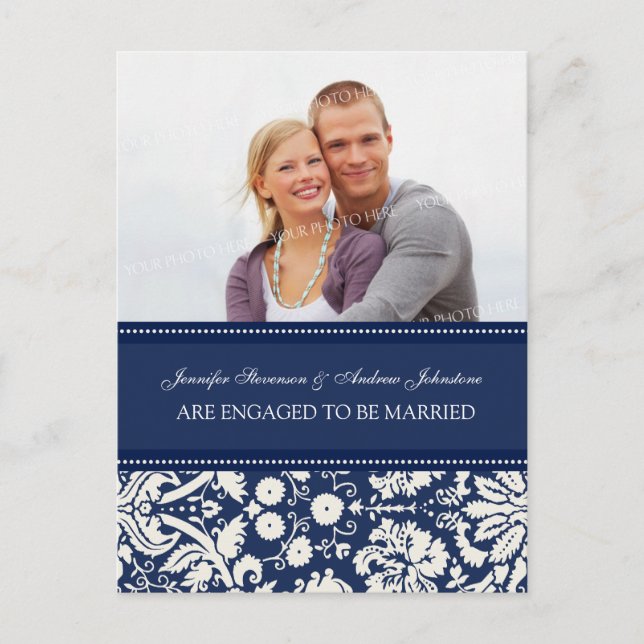 Engagement Announcement Photo Postcard Blue Damask (Front)