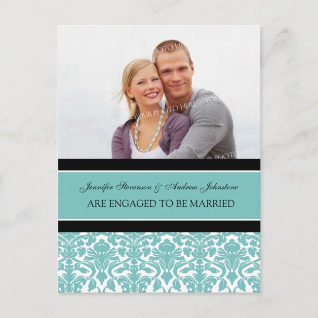 Engagement Announcement Photo Postcard Teal Damask (Front)