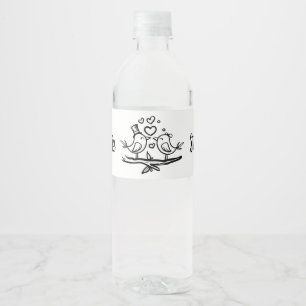 Engagement Birds Black White Lovebirds Wedding Water Bottle Label