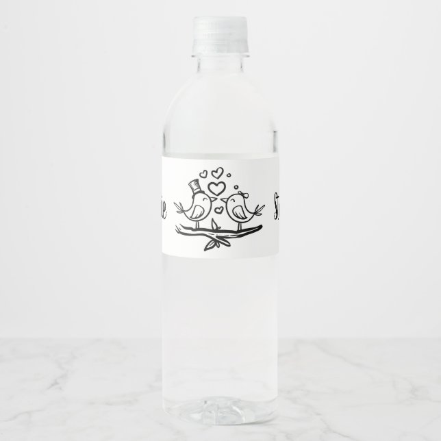 Engagement Birds Black White Lovebirds Wedding Water Bottle Label (Front)