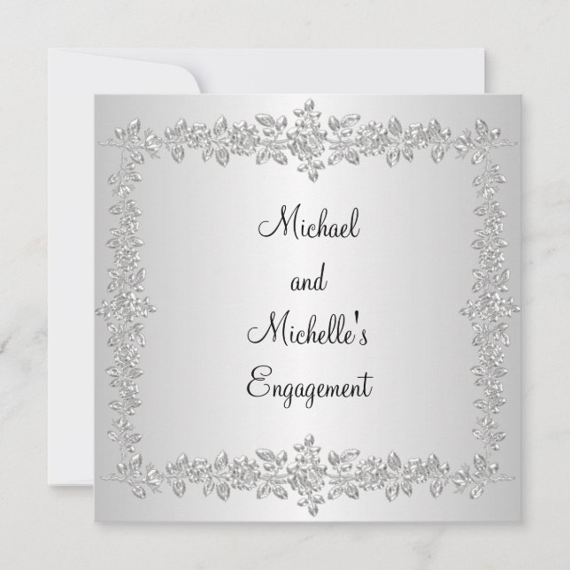 Engagement Black White Silver Metal Roses Invitation (Front)