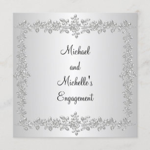 Engagement Black White Silver Metal Roses Invitation