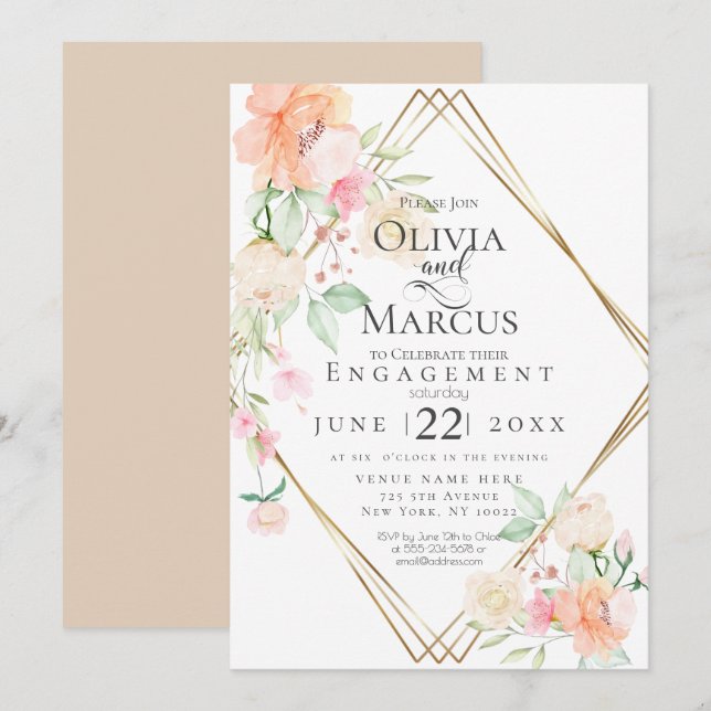 Engagement Blush Cream Coral Spring Floral Bouquet Invitation (Front/Back)