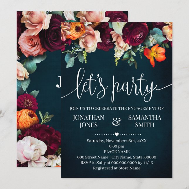 Engagement Celebration Wine Flowers Navy Wedding Invitation (Front/Back)
