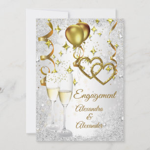 Engagement champagne hearts gold silver invitation
