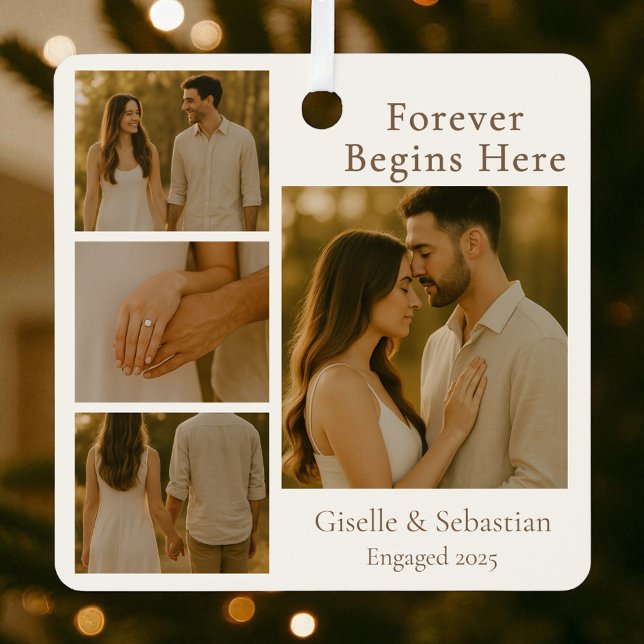 Engagement Collage Christmas Holiday 4 Photo  Metal Tree Decoration (Creator Uploaded)