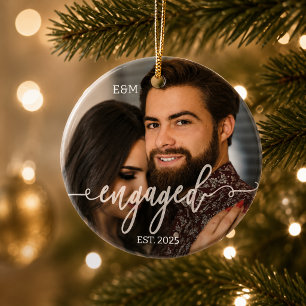 Engagement Couple Photo Overlay White Text Ceramic Tree Decoration