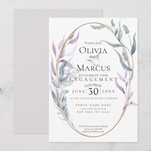 Engagement | Dusty Blue and Violet Foliage Invitation (Front/Back)
