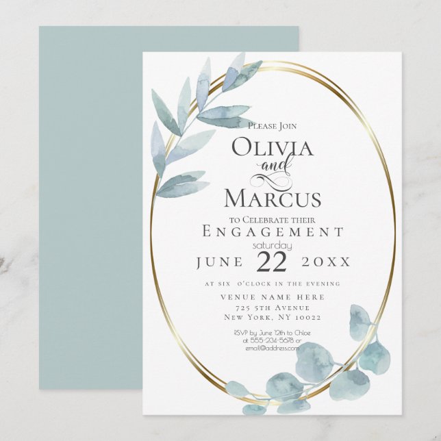 ENGAGEMENT | Dusty Blue Watercolor Eucalyptus Invitation (Front/Back)