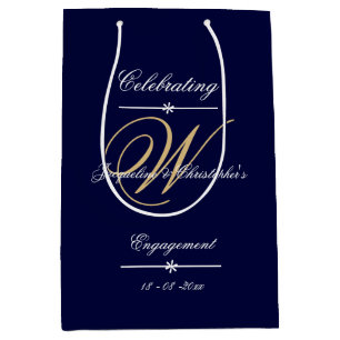 Engagement Elegant Monogram Script Chic Navy Gold  Medium Gift Bag